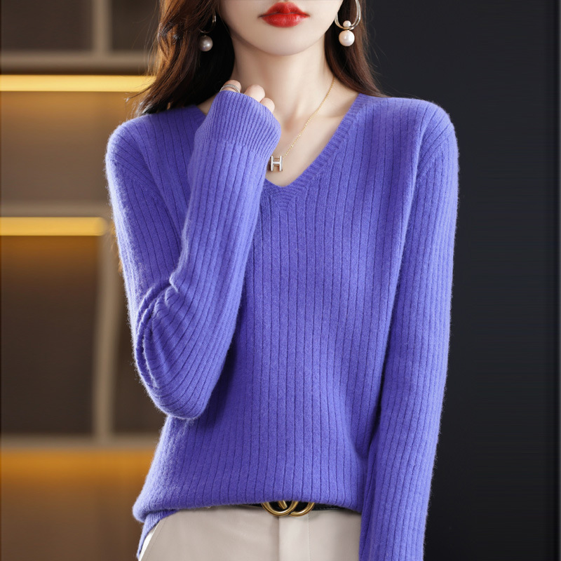 2023 Spring Women's Clothes New Knitwear Pullover V-neck Bedford Cord Sweater Solid Color Long Sleeve Thin Slim Bottoming Shirt