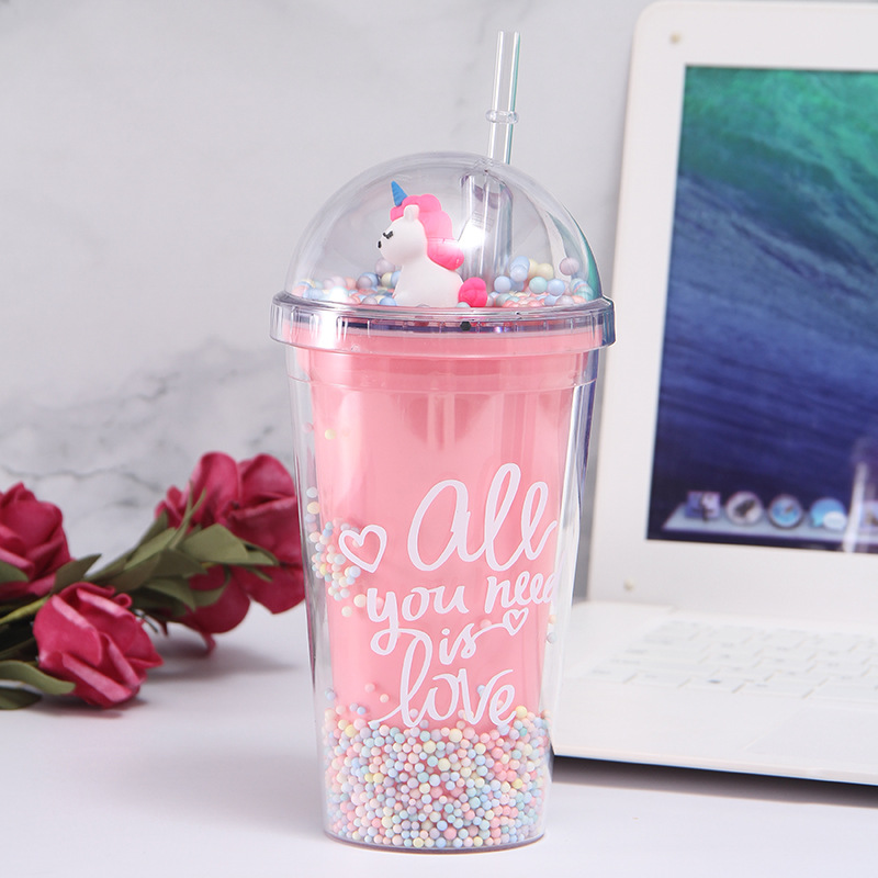Internet Celebrity Refrigeration Summer Ice Glass Micro Landscape Male and Female Students Drinking Straw Cup Double-Layer Plastic Cup Logo with Lights