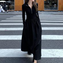 赫本风黑色长袖针织连衣裙子早秋季2023新款女装气质收腰显瘦长裙