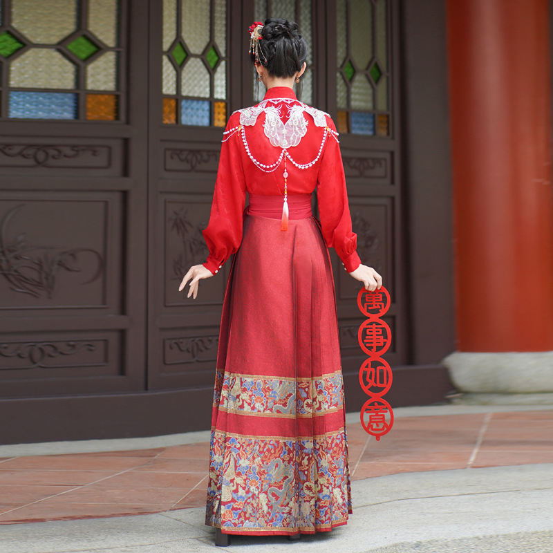 Real Shot Longfeng Heavy Industry Woven Gold Red Horse-Face Skirt Cloud Shoulder Women's Han Chinese Clothing Toast Engagement Dress New Chinese National Style Suit