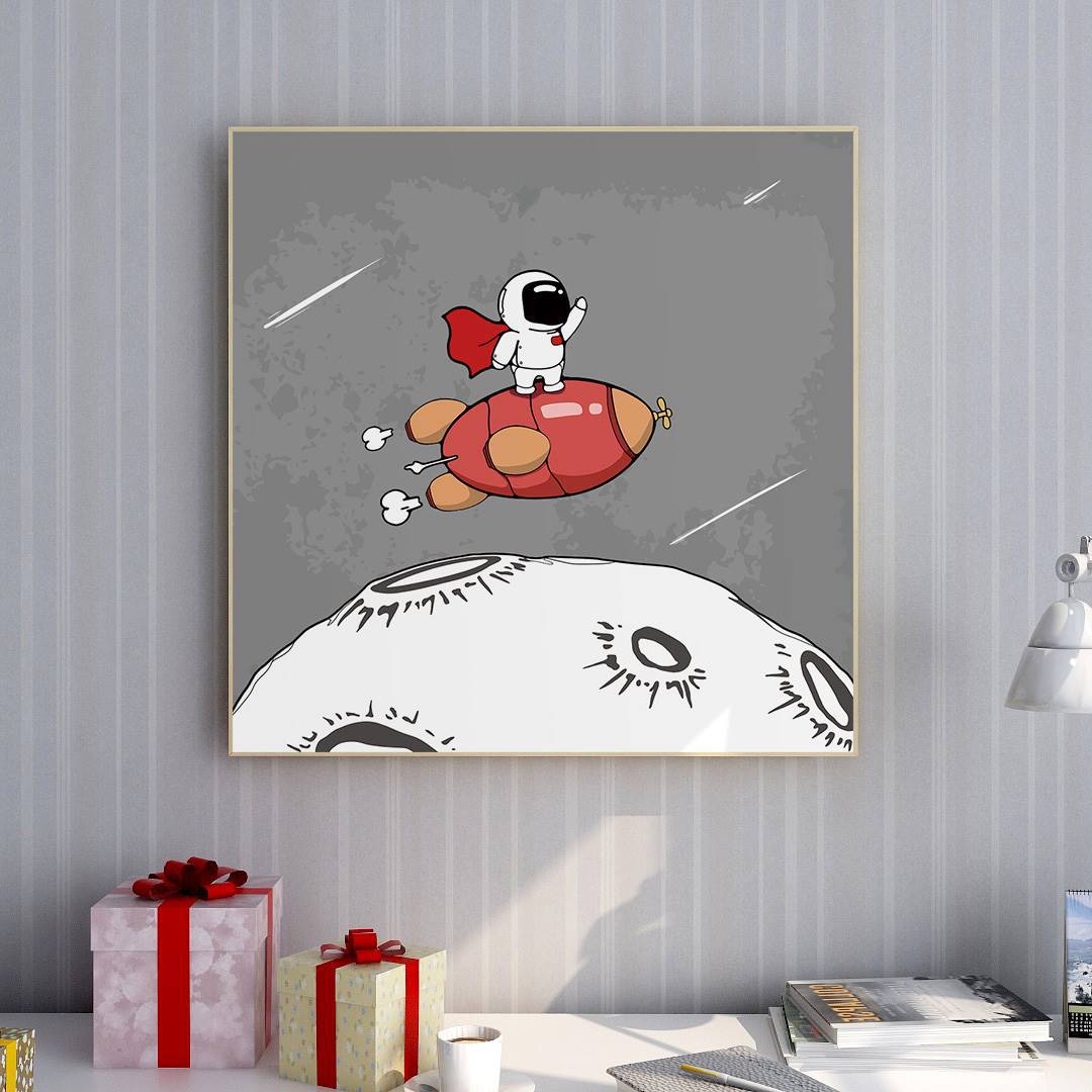 卡通太空宇航员装饰画儿童房间挂画男孩卧室床头挂画餐厅墙面壁画