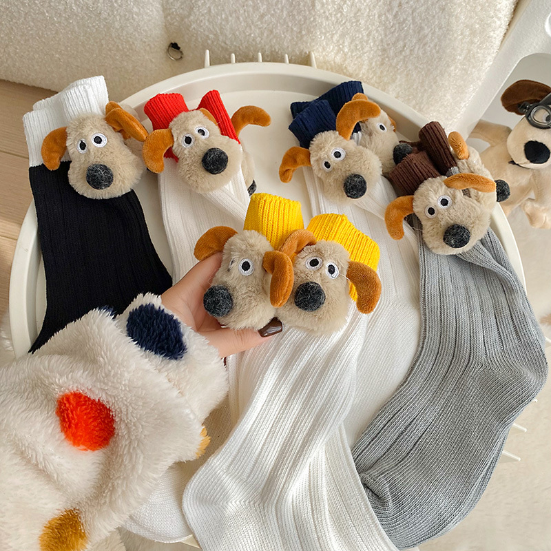 韩国可爱掌门狗袜子女冬季粗线拼接加厚中筒袜个性ins潮地板袜