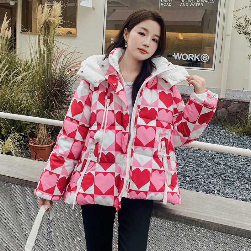 2022 New down Jacket Women's Short Hood Heart Printing Korean Fashion White Duck down Thick Winter Coat