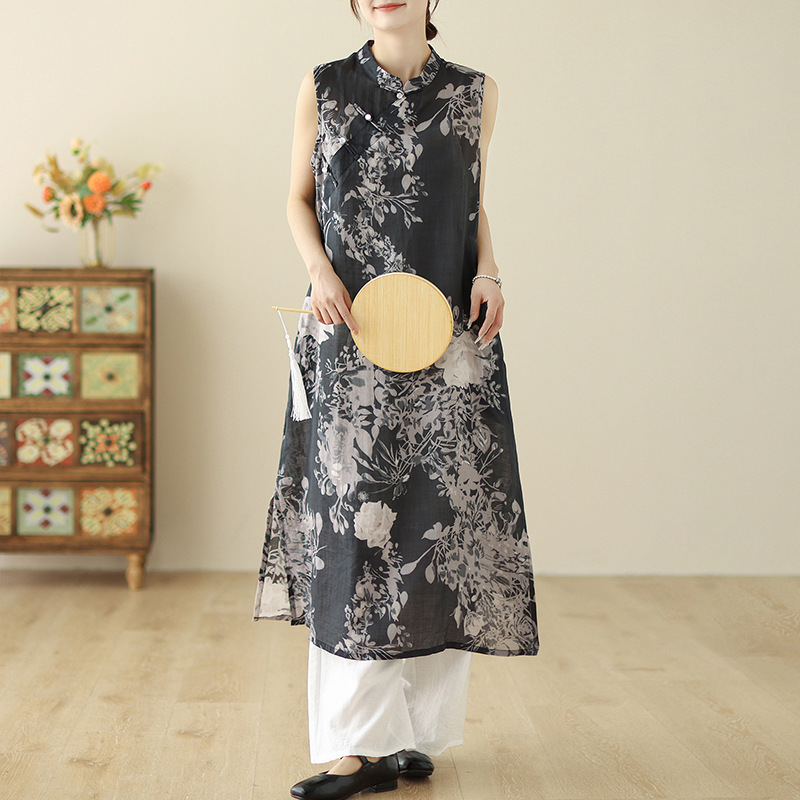 2024夏季棉麻女装文艺复古风新中式改良旗袍苎麻印花民族风连衣裙