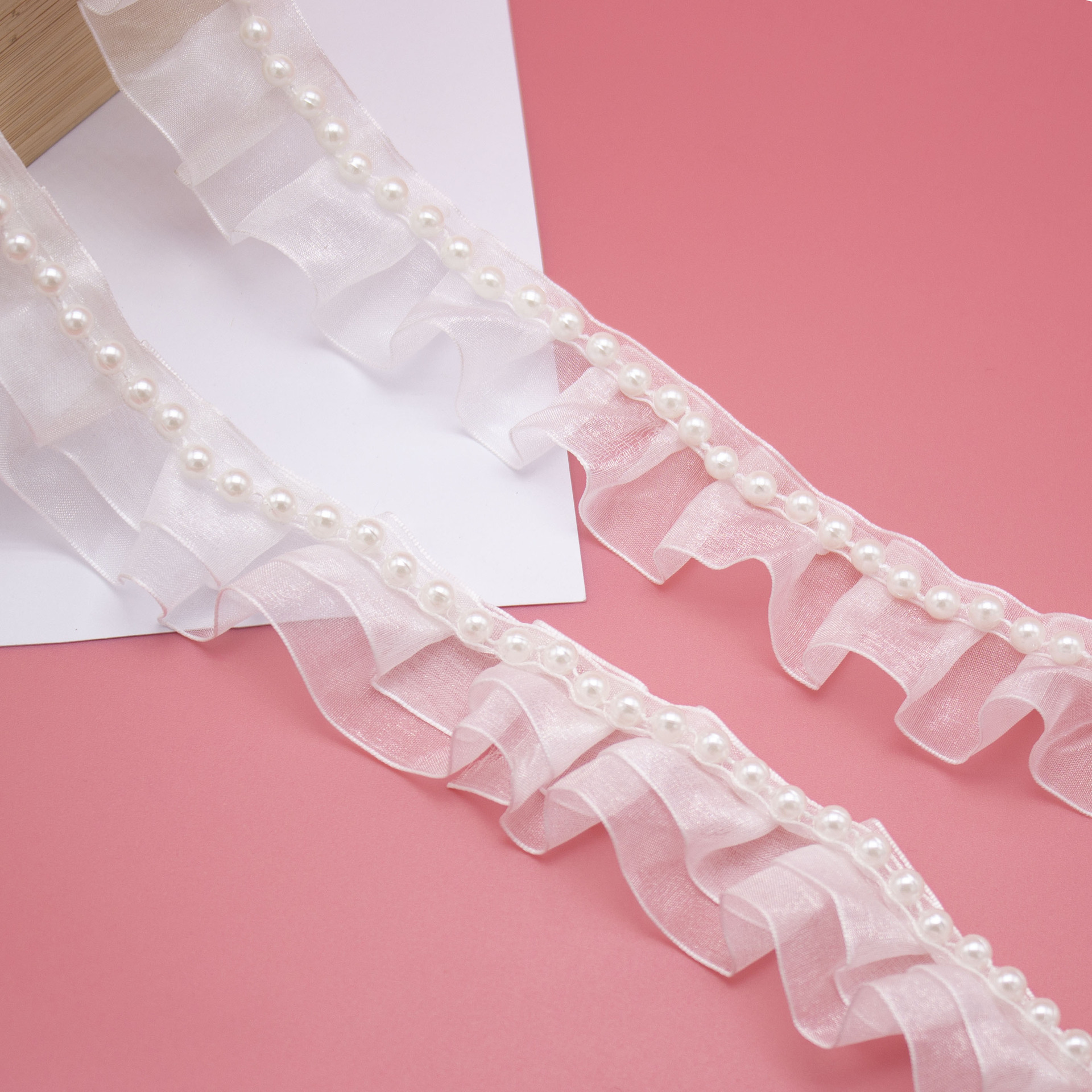 5cm洛丽塔雪纺皱褶珍珠双层花边公主风袖口衣领缀珠diy娃衣