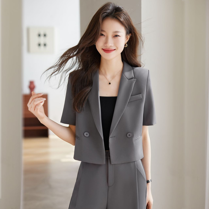 灰色短袖西装外套女2024夏季新款正式场合职业装短款时尚西服套装