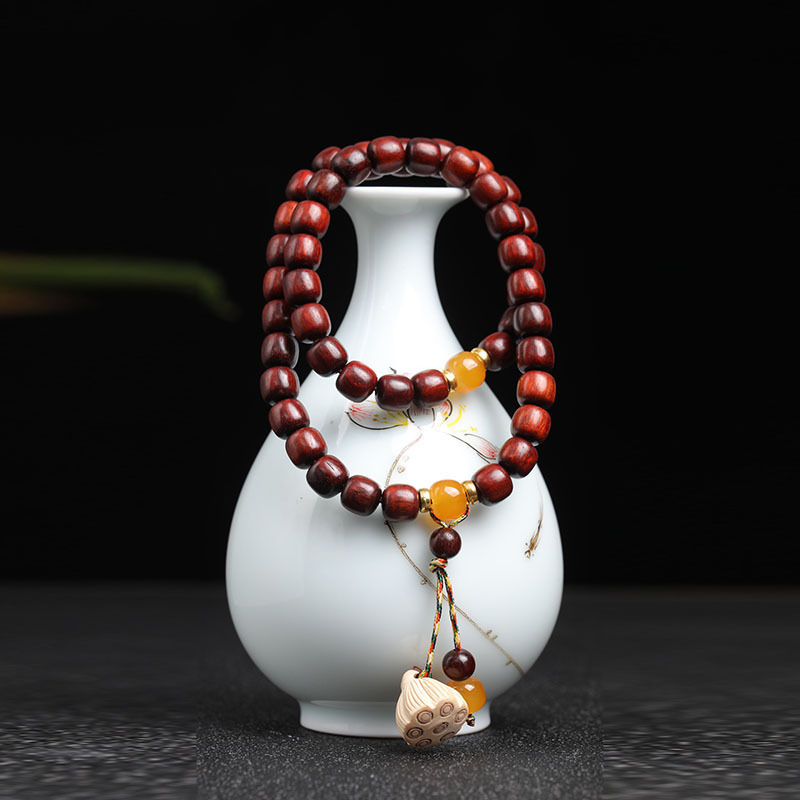 非洲小叶紫檀木手串老型珠双圈手链莲蓬配饰文玩珠木质简约手饰