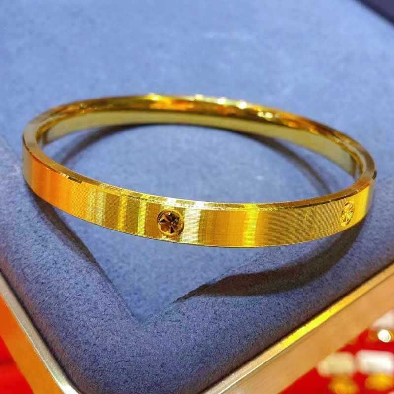 正品9999镀千足真手镯女新款时尚拉丝钻纹实心黄金色手环镯子送礼