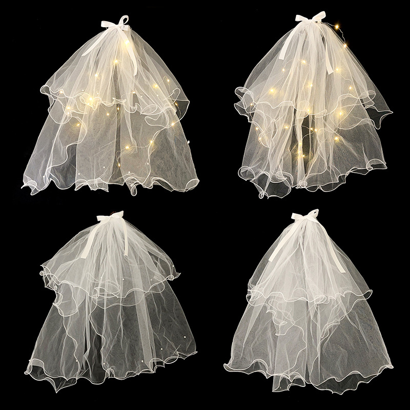 爆款夜市网红发光头纱带珍珠带灯双层超仙丝带蝴蝶结头纱发光头饰