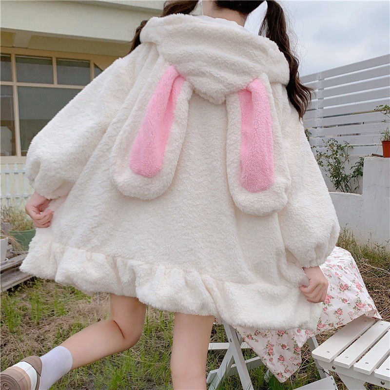 外贸秋冬日系软妹可爱毛球兔耳朵连帽荷叶边羊羔毛加厚棉衣外套