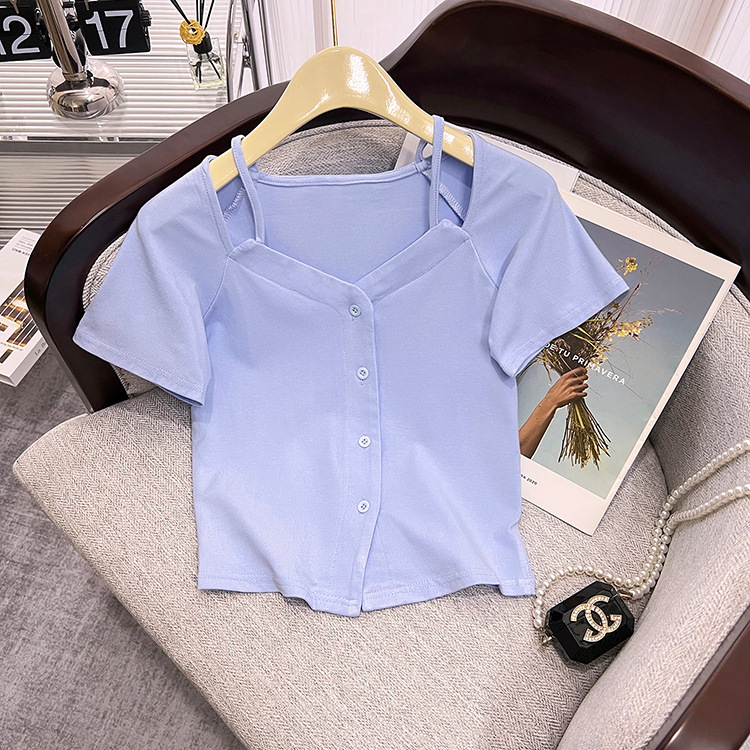 Short Sleeve Women's 2023 New Niche Design Short Summer T-shirt Cardigan off-Shoulder Slim Chic Top