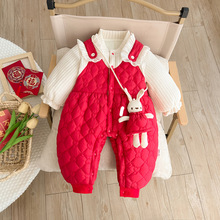婴儿拜年服喜庆红色衣服新生女宝宝连体衣满月百天周岁过年装棉衣