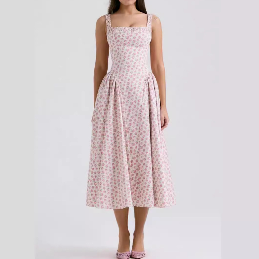 夏季亚马逊独立站欧美女装裙子法式复古风多巴胺印花吊带连衣裙女