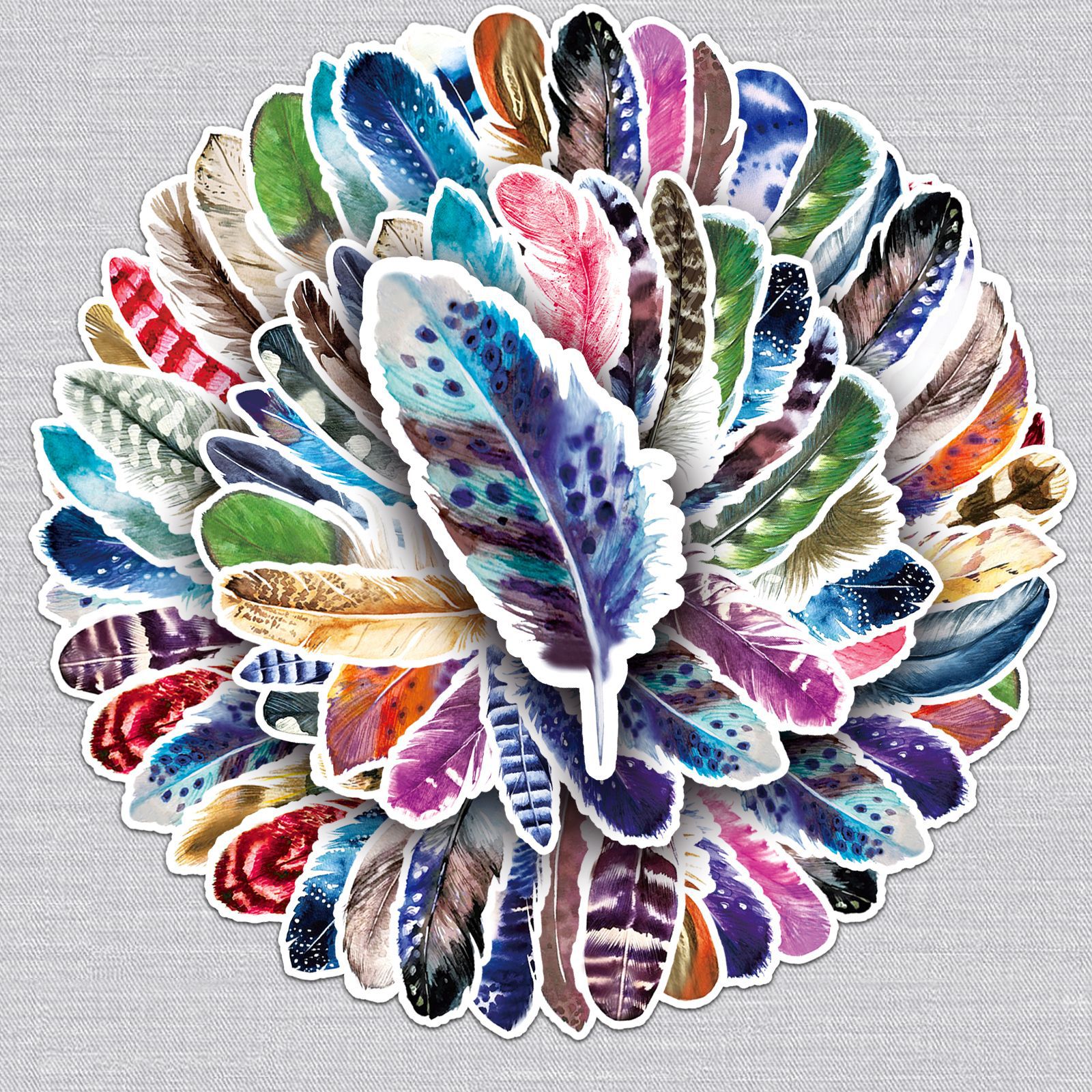 64张羽毛涂鸦个性跨境水彩咕卡手帐创意装饰笔记本行李箱贴纸防水