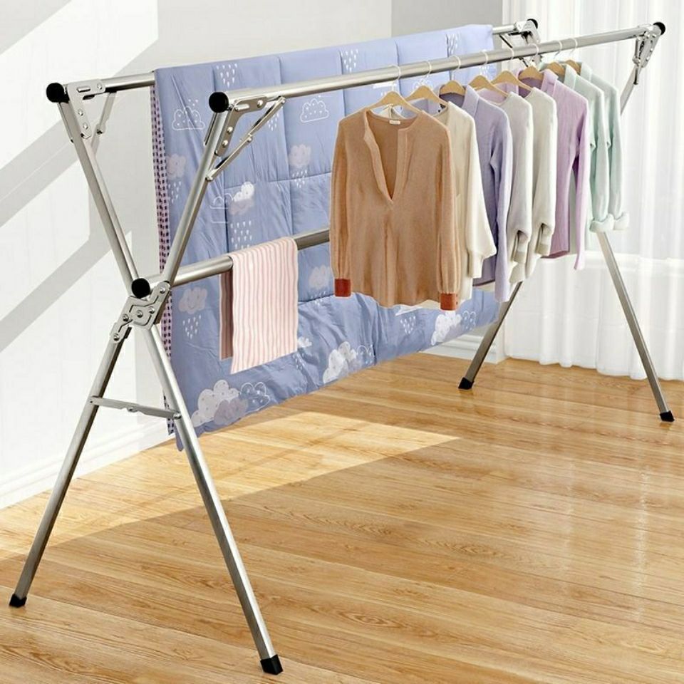 Stainless Steel Laundry Rack Floor Folding Indoor and Outdoor Drying Rack Double Pole Air a Quilt Balcony Clothes Rack X-Type Clothing Rod