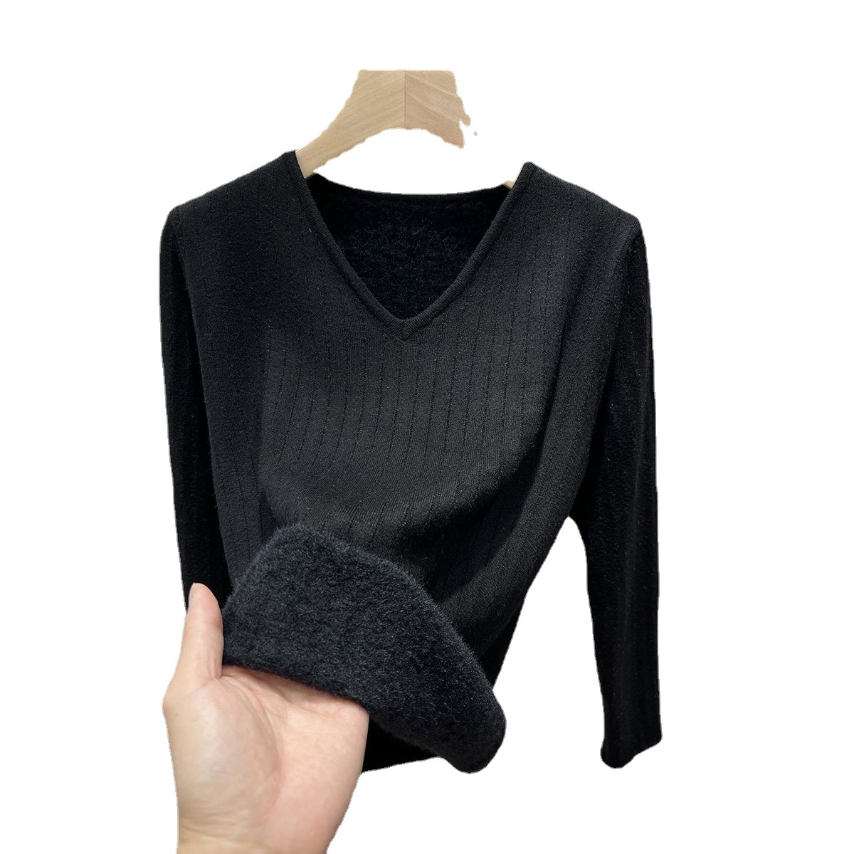 秋冬v领一体绒打底衫女低领加绒加厚毛衣保暖弹力内搭针织衫上衣