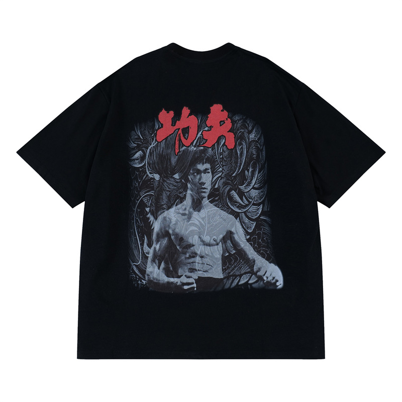 国潮复古t恤花体字功夫李小龙印花短袖男宽松潮牌经典设计感上衣