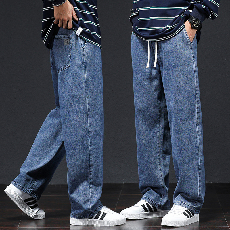 2022 Autumn and Winter New Loose Straight Men's Jeans High Street Casual Elastic Waist Wide Leg Trousers