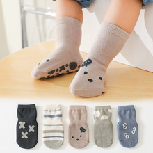婴儿地板袜精梳棉春秋季条纹可爱卡通新生男女宝宝学步防滑中筒袜