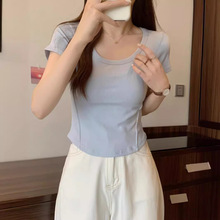 不规则u领短袖t恤女2023夏季新款韩版修身高腰短款学生纯色上衣潮