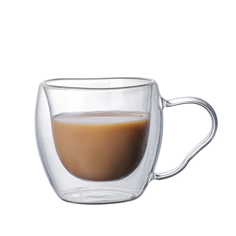 Factory Wholesale Heat Insulation Double Layer Glass Cup Milk Clear Glass Cup Household Flat Ear Coffee Cup with Handle