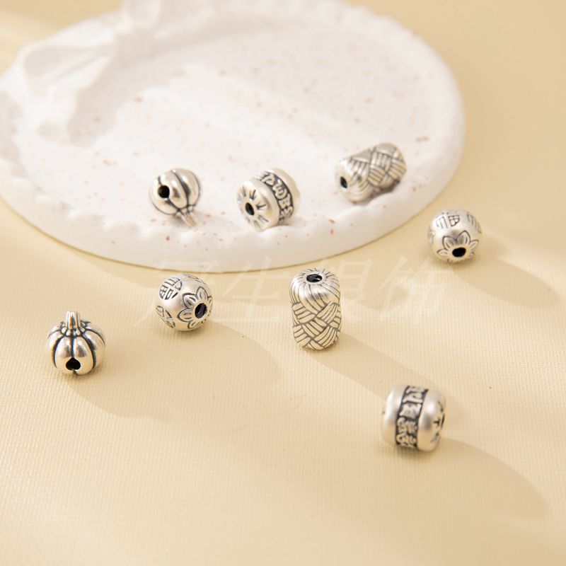 s999足银隔珠 六字真言散珠桶珠圆珠3d隔珠串珠编绳手链银饰配件