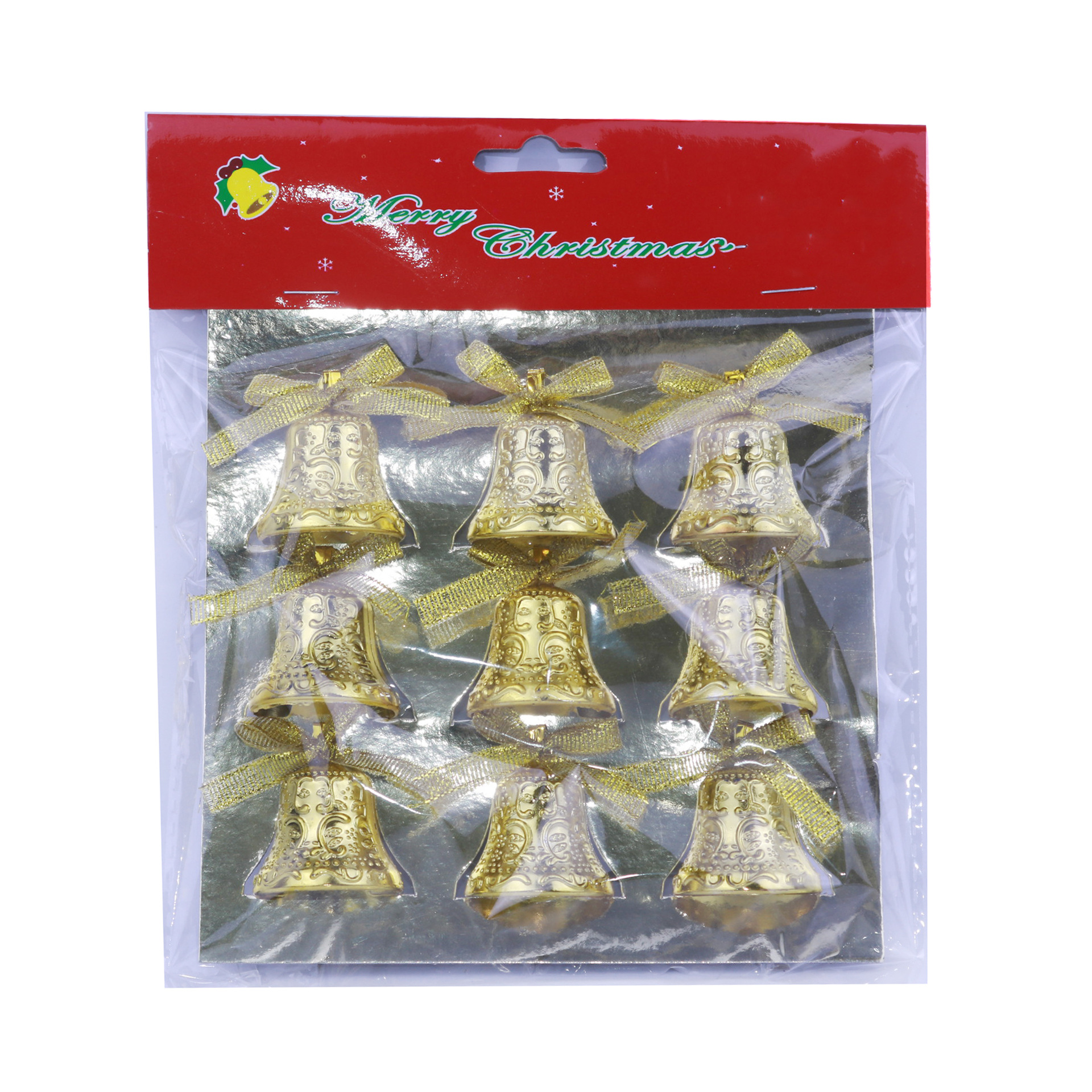 3.5cm 9/Card Christmas Tree Decorations Pendant Large Jingling Bell Pack Sticky Word Plate Bow Factory Direct Sales