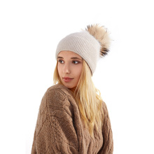 欧美户外女帽毛线针织帽纯色细条纹兔绒貉子毛球毛线帽冬帽