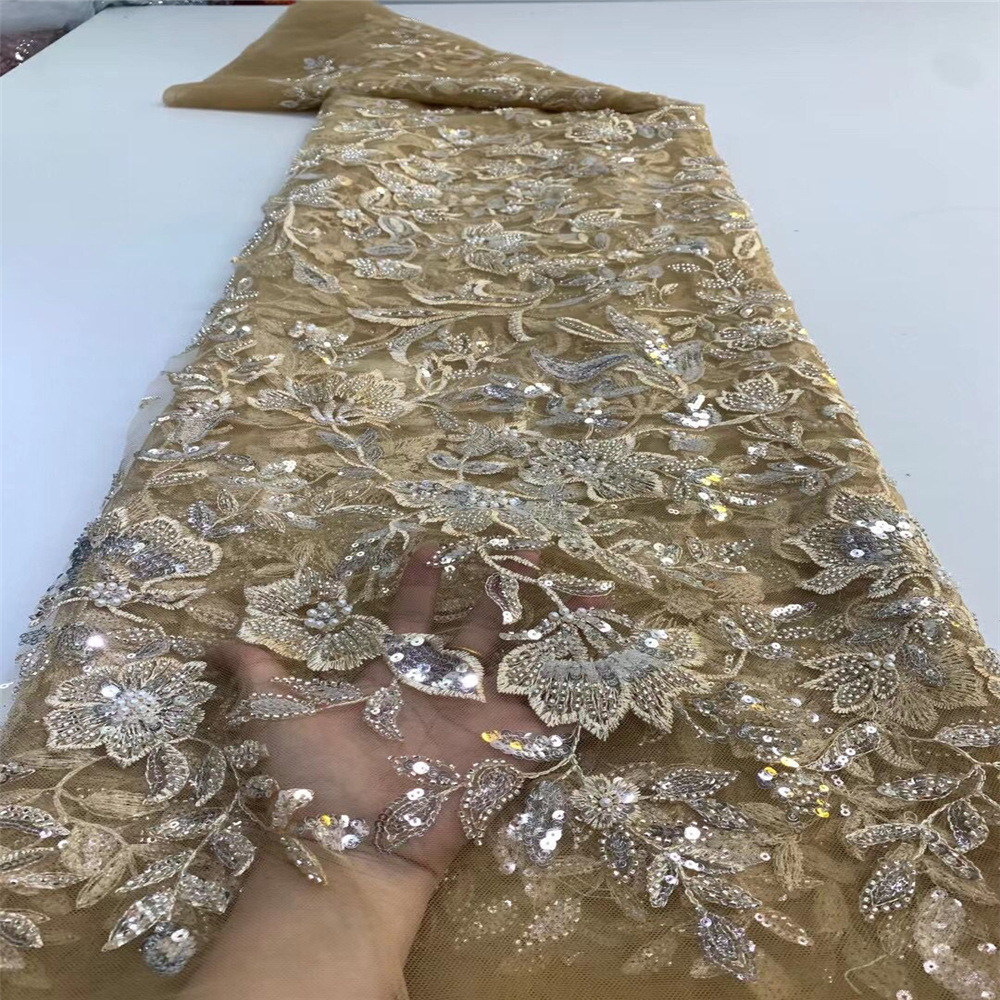 爆款重工手工珠管绣亮片绣网纱花朵珠片绣花布婚纱礼服面辅料lace