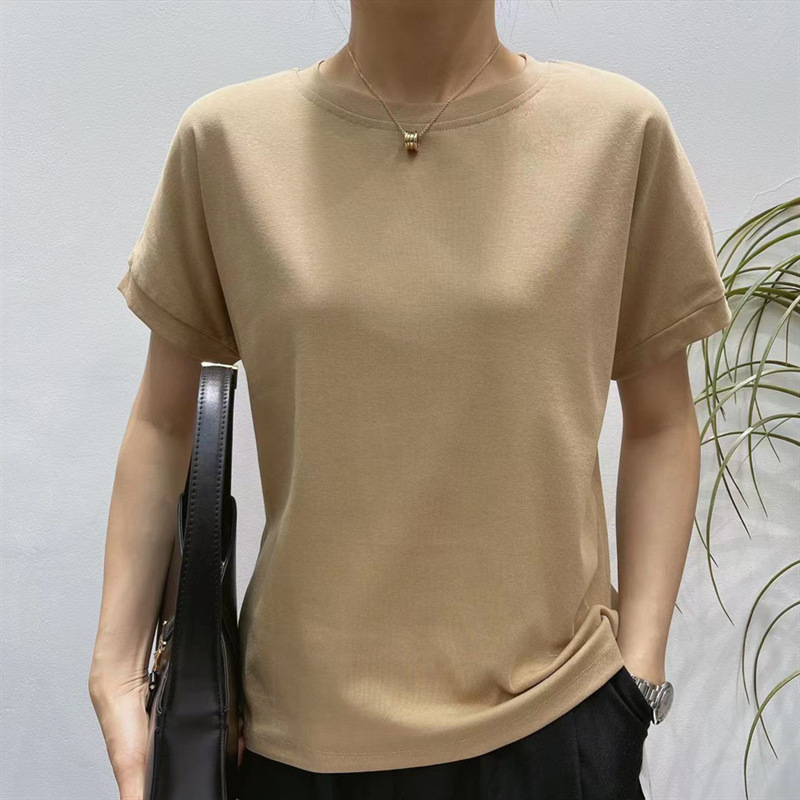 Loose Large Version Threaded Cotton round Neck Short Sleeve T-shirt Female 2023 High Elastic Bottoming Top Counter Quality Soft Glutinous Skin-Friendly