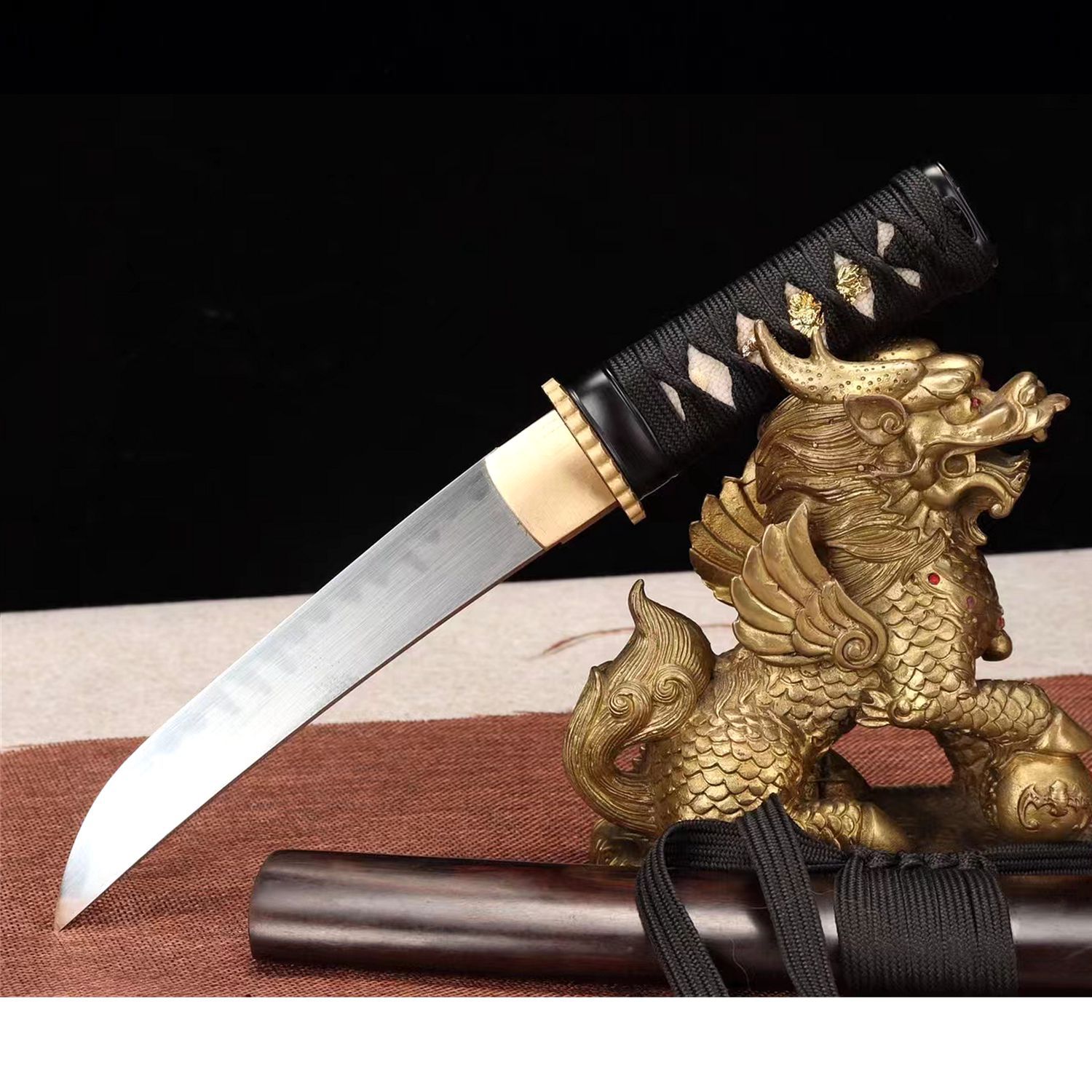 龙泉手工刀剑一体锻打短刀覆土烧刃小刀肋差户外防身宝剑未开刃