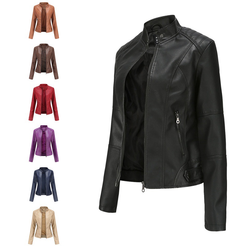 Cross-Border European Size Women's Leather Jacket Women's Slim Jacket Thin Spring and Autumn Coat Women's Motorcycle Clothing plus Size Stand Collar Leather Jacket