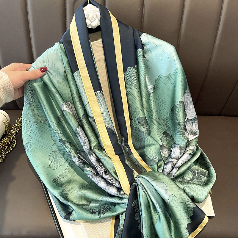 2023 Flower Scarf Artificial Silk Scarf Women's Printed New Silk Satin Beach Towel Ethnic Talma Scarf