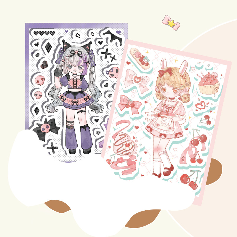 4张原创盐系女孩手帐贴纸 不重复可爱卡通人物海报咕卡套装批发