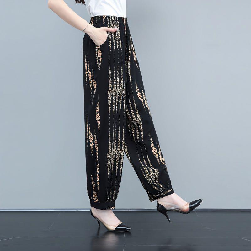 棉绸春夏中老年女裤潮广场舞高腰束脚灯笼裤女休闲宽松大码长裤