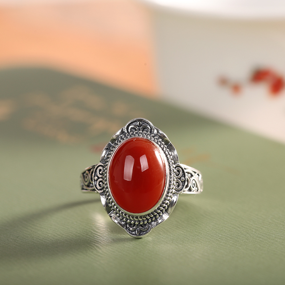 新品上新 泰银复古手镯s925银镶南红玛瑙戒指 开口女士指环印尼风