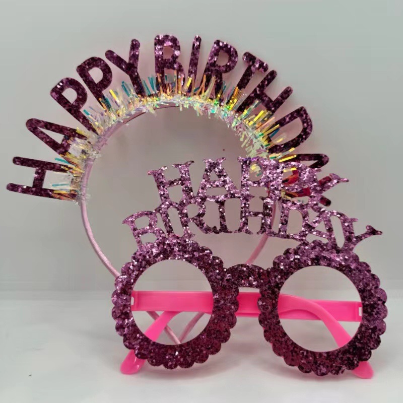 New Birthday Party Glitter Gold Silk English Letter Headband Glasses Set Party Decoration Supplies