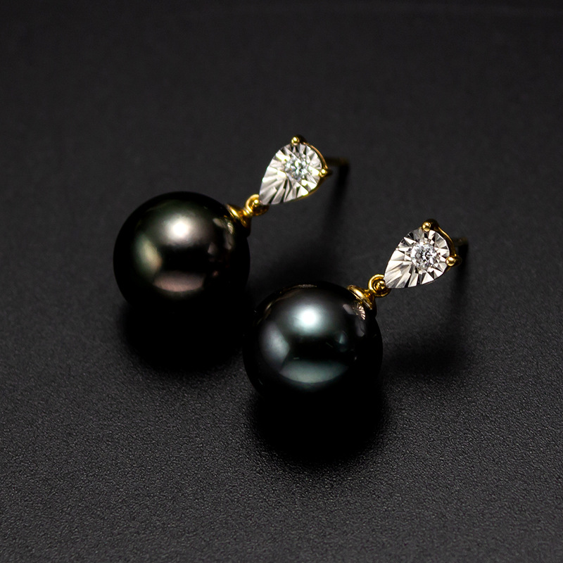9-10mm天然海水黑珍珠耳环正圆强光无瑕18k金钻石耳钉韩国风包邮