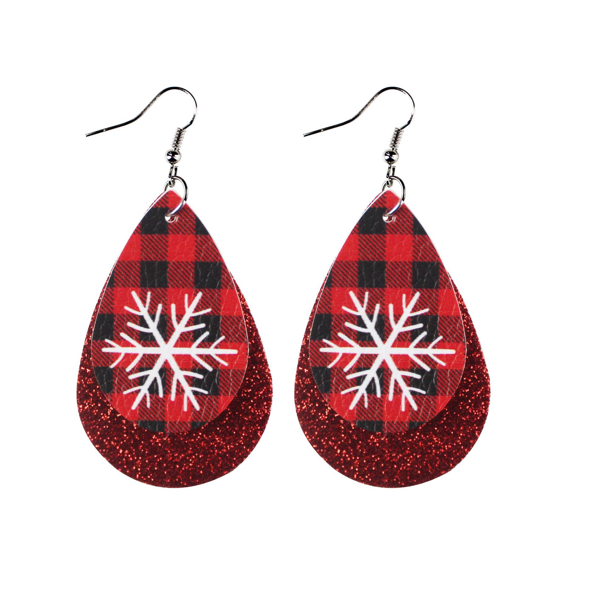 Christmas Double-Layer Leather Earrings Snowman Christmas Tree Gift Water Drop Pu Earrings Female Accessories Accessories