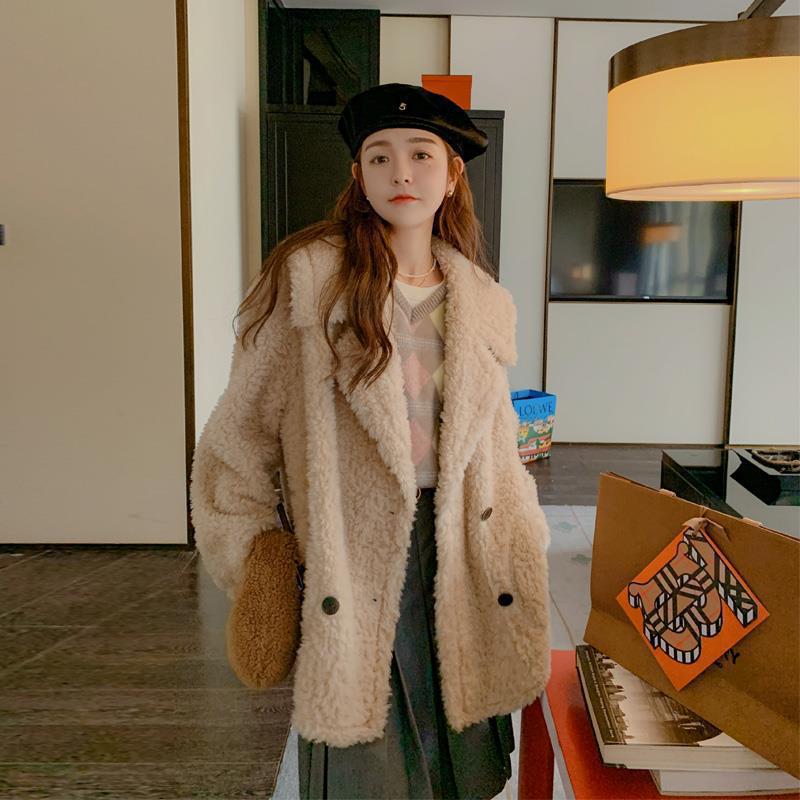 皮毛一体羊羔毛外套女2023冬季新款韩系温柔风小众设计感棉衣棉服
