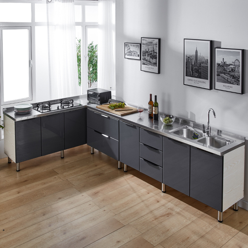 厂家直销简易厨房橱柜不锈钢厨房柜子灶台柜橱柜一体组装厨房柜家