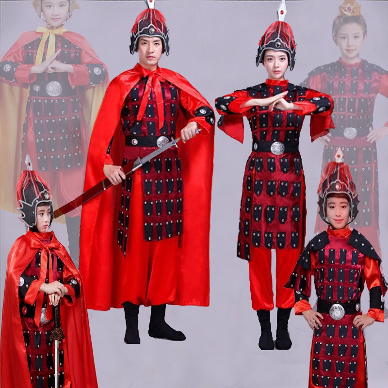 古代将军盔甲古装汉服演出儿童成人红色铠甲岳飞花木兰士兵衣服装