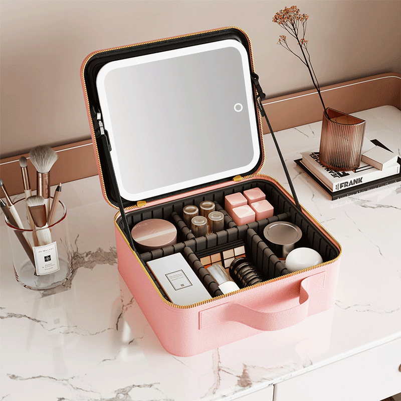 Cross-Border Portable Cosmetic Bag with Mirror Led Light High-Looking Large Capacity Cosmetic Case Ins Portable Storage Travel Bag