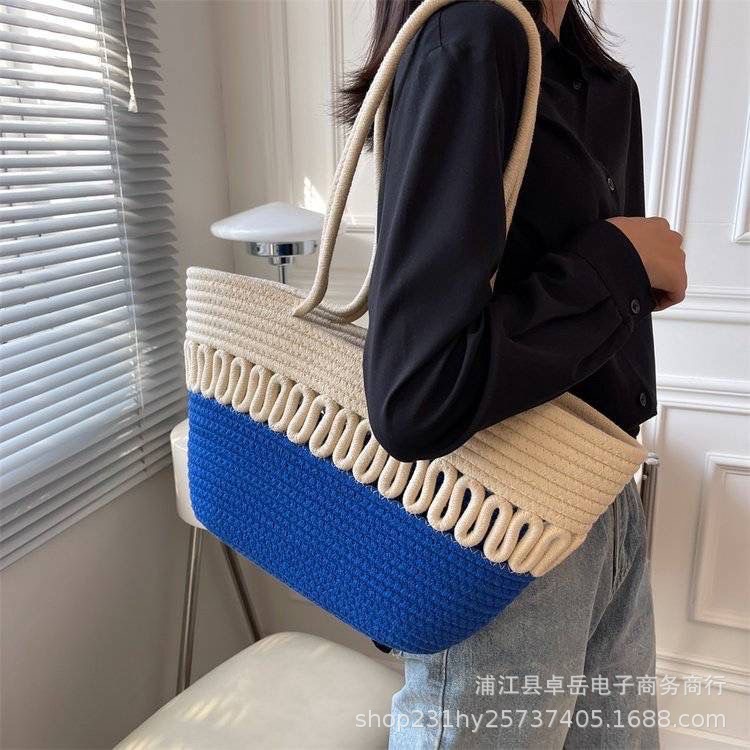 New Simple Woven Beige Hollow Bag Urban Versatile Beach Bag Fresh and Stylish Shoulder Woven Bag