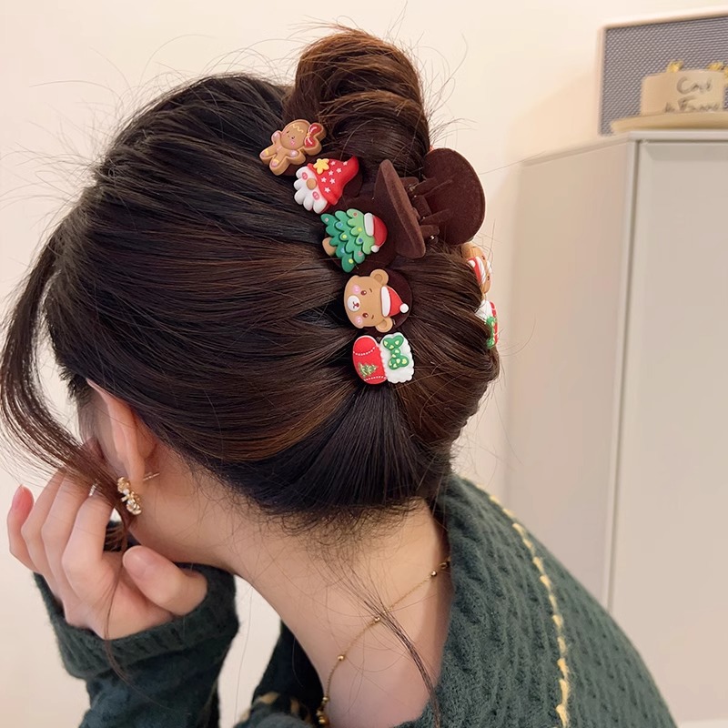 圣诞节氛围感夹子头饰植绒发夹后脑勺盘发抓夹秋冬卡通鲨鱼夹新款