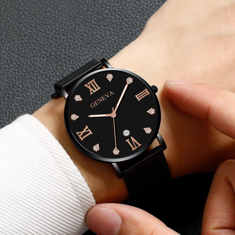 时尚镶钻刻度手表男士创意彩色指针合金网带商务日历石英腕表批发