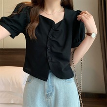 黑色短款方领气质短袖衬衫女夏季设计感法式别致泡泡袖上衣潮