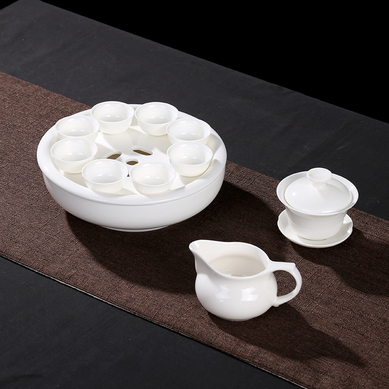 白瓷茶具套装 8寸茶盘11头玉瓷茶具办公室接待会议茶具茶具套装