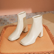 A5336春秋法式白色小短靴女瘦瘦靴小个子高跟裸靴粗跟方头马丁靴