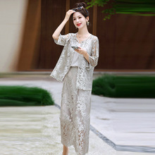 新中式国风复古蕾丝短袖吊带套装女2024夏季新款薄款半身裙三件套